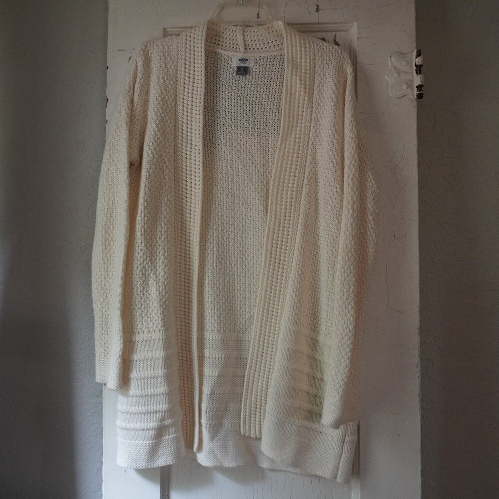 Old Navy Womens XS Cream Waffle Knit Open Front Longline Cardigan Sweater‎